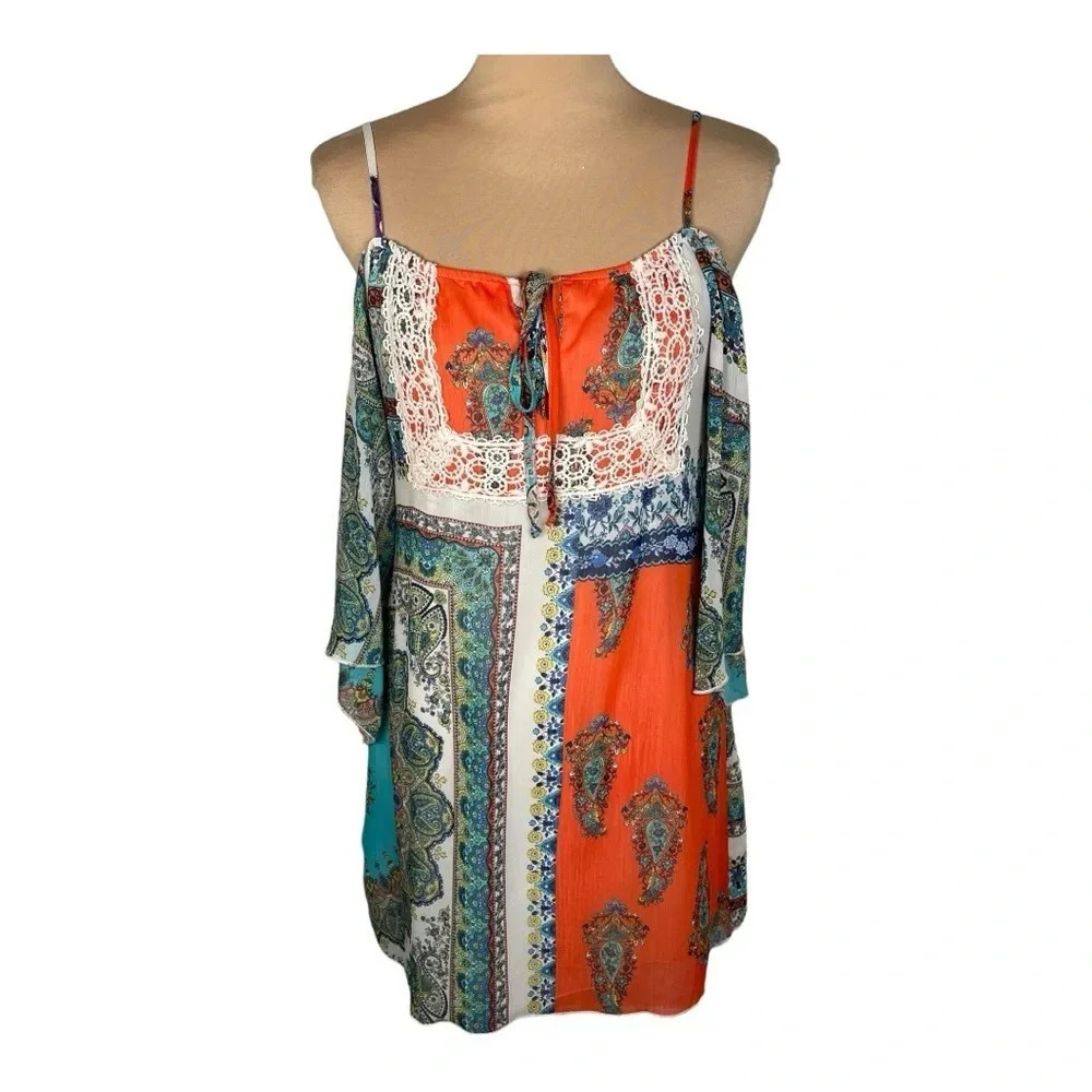 🧡 Teeze Me Paisley Boho Cold Shoulder Dress Medium